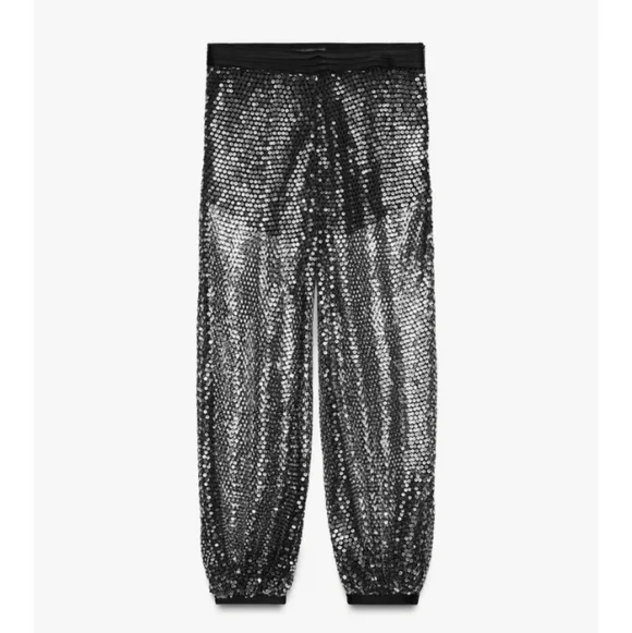 Zara Black and Silver Sequin Wide-Leg Pants - Picture 6 of 9